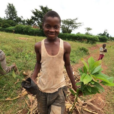 A boy is delighted to have received seedlings